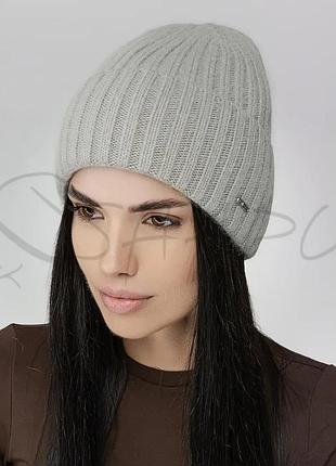 Шапка женская кашемировая утепленная флисом с отворотом leks колібрі фисташковый