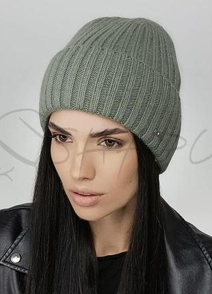 Шапка женская кашемировая утепленная флисом с отворотом leks колібрі малахит