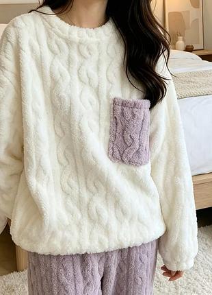 Пижама женская из кораллового флиса oversize надувна теплая и стильная фіолетовий низ + світлий верх