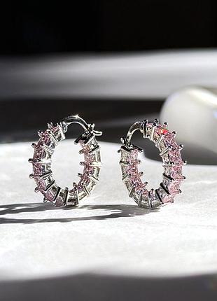 Серебряные серьги кольца дорожка c розовыми камнями 🩷