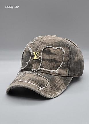 Джинсова кепка луї віттон louis vuitton рвана, кепка louis vuitton, кепка луї вітон, бейсболка луї віттон джинс сіро-коричневий