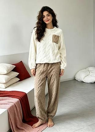 Пижама женская из флиса коричневая с белым oversize s-l 0000880