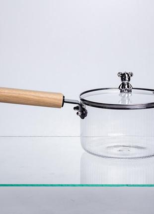 Сотейник з боросилікатного скла 1.8л 15.5х15.5х9 см із дерев'яною ручкою каструля для соусів страв hp-34-121