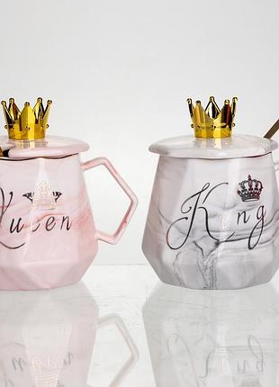 Набор парных фарфоровых чашек queen&king 2 (шт) по 400 (мл) чашки на подарок с крышкой и ложкой fm-30