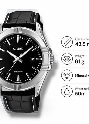 Casio mtp-1308l-1a — чоловічий кварцовий годинник, чорний циферблат, шкіряний ремінець, wr 50 м