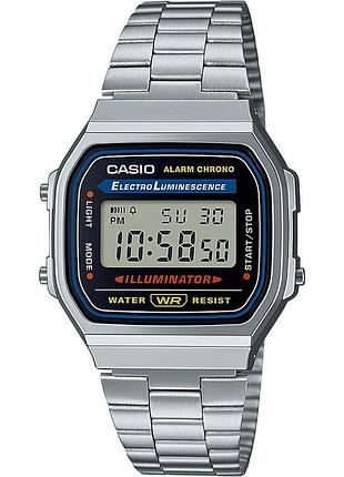Casio a168wa-1w — цифровые часы унисекс, серебристый циферблат, стальной браслет, wr 30 м