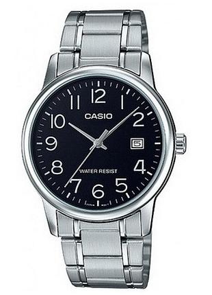 Casio mtp-v002d-1b — мужские кварцевые часы, черный циферблат, стальной браслет, wr 30 м