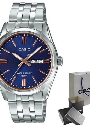 Casio mtp-1335d-2a2 — мужские кварцевые часы, синий циферблат, стальной браслет, wr 50 м