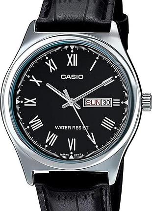 Casio mtp-v006l-1b — чоловічий кварцовий годинник, чорний циферблат, шкіряний ремінець, wr 30 м
