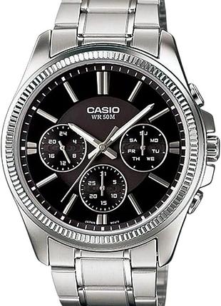 Casio mtp-1375d-1avdf — мужские кварцевые часы, черный циферблат, стальной браслет, wr 50 м