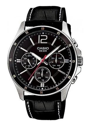 Casio mtp-1374l-1a — чоловічий кварцовий годинник, чорний циферблат, шкіряний ремінець, wr 50 м