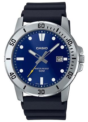 Casio mtp-vd01-2e — чоловічий кварцовий годинник, синій циферблат, полімерний ремінець, wr 30 м