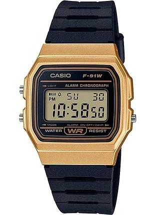 Casio f-91wm-9a — цифровые часы унисекс, золотистый циферблат, полимерный ремешок, wr 30 м