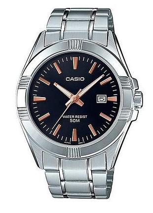 Casio mtp-1308d-1a2 — мужские кварцевые часы, черный циферблат, стальной браслет, wr 50 м