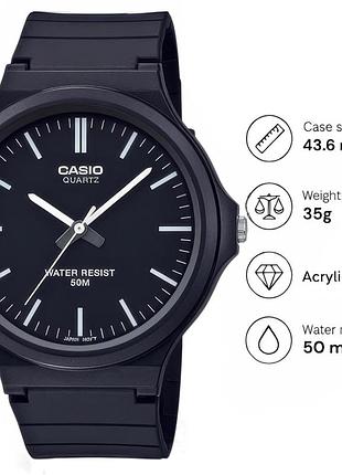 Casio mw-240-1e — чоловічий кварцовий годинник, чорний циферблат, полімерний ремінець, wr 50 м