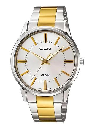 Casio mtp-1303sg-7a — мужские кварцевые часы, белый циферблат, стальной браслет, wr 50 м