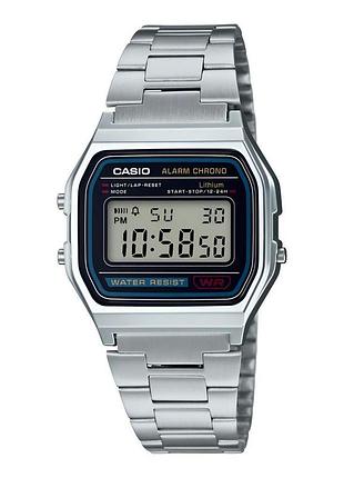 Casio a158wa-1 — цифровые часы унисекс, серебристый циферблат, стальной браслет, wr 30 м