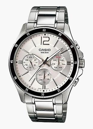 Casio mtp-1374d-7a — мужские кварцевые часы, белый циферблат, стальной браслет, wr 50 м