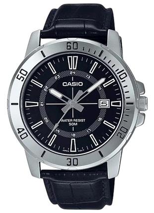 Casio mtp-vd01l-1c — чоловічий кварцовий годинник, чорний циферблат, шкіряний ремінець, wr 50 м