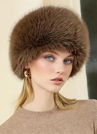 Шикарная женская шапка-бини из искусственного меха coffee color