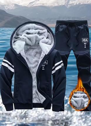 Теплый флисовый комплект для мужчин: navy blueкуртка с капюшоном и брюки xs