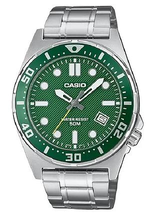 Casio mtd-135d-3a — мужские кварцевые часы, зеленый циферблат, стальной браслет, wr 50 м