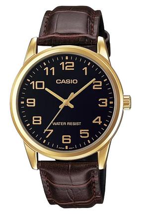 Casio mtp-v001gl-1b — чоловічий кварцовий годинник, чорний циферблат, шкіряний ремінець, wr 30 м