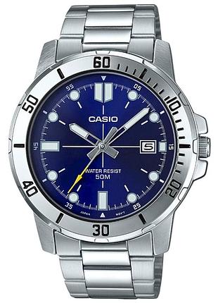Casio mtp-vd01d-2e — мужские кварцевые часы, синий циферблат, стальной браслет, wr 50 м
