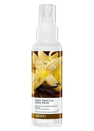 Лосьйон-спрей для тіла avon senses soft vanilla body mist ніжна ваніль з ароматом ванілі та сандалового дерева 100 мл