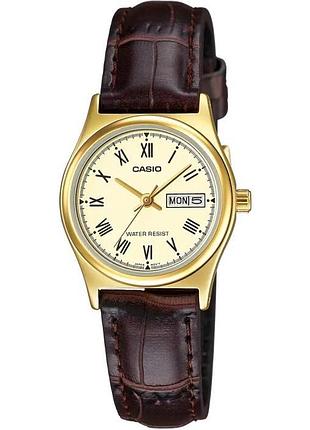 Casio ltp-v006gl-9budf — жіночий кварцовий годинник, золотистий циферблат, шкіряний ремінець, wr 30 м