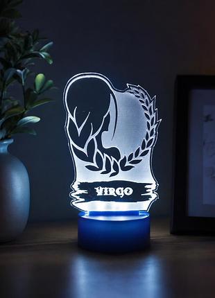 3d нічник led virgo діва/батарейка+220/ знак зодіаку, з акриловою панеллю та синьою підставкою
