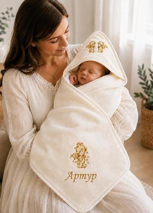Менна крижма артур 110×110 см із золотою вишивкою янголів та капюшоном для хрещення
