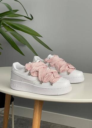😍 женские кроссовки nike air force 1 low custom lanvin laces white pink