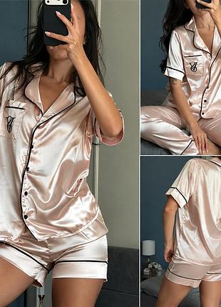 Женская пижама шелковая victoria's secret satin — сатиновый комплект-тройка: рубашка, шорты и брюки