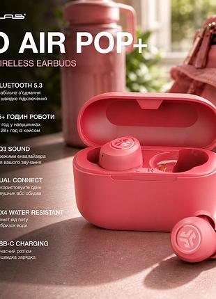 Бездротові навушники jlab go air pop+ tws, bluetooth 5.3, 35+ год, eq3, dual connect, ipx4, usb-c, pink-red