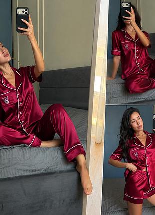 Піжама жіноча шовкова victoria's secret satin — сатиновий комплект-трійка: сорочка, шорти та штани