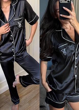 Женская пижама шелковая victoria's secret satin — сатиновый комплект-тройка: рубашка, шорты и брюки m