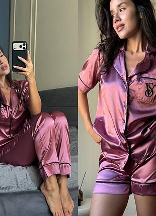Піжама жіноча шовкова victoria's secret satin — сатиновий комплект-трійка: сорочка, шорти та штани