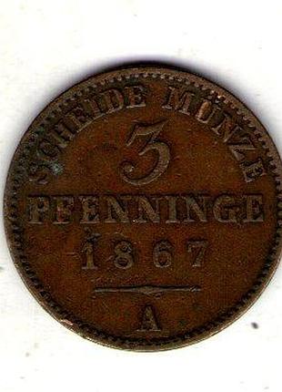 Германия королевство пруссия вильгельм i 3 пфенеги, 1867 год медь, 4.5g, ø 24.5mm no3021