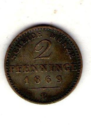 Германия королевство пруссия вильгельм i 2 пфенига, 1869 год медь, 3g, ø 20.8mm no3077