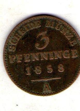 Германия королевство пруссия герман глюк иv 3 пфэнги, 1858 год медь, 4.5g, ø 24.5mm no3174