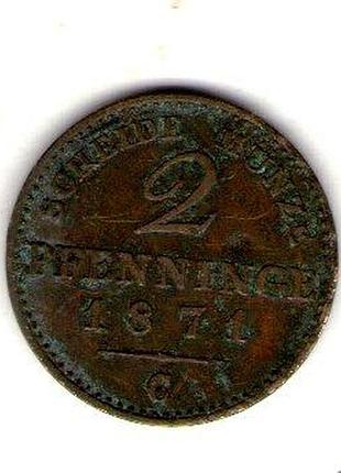 Германия королевство пруссия вильгельм i 2 пфенига, 1871 год медь, 3g, ø 20.8mm no3037