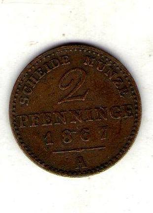 Германия королевство пруссия вильгельм i 2 пфенига, 1867 год медь, 3g, ø 20.8mm no3094