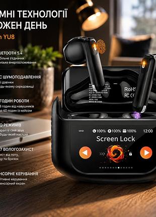 Бездротові навушники niderson yu8 tws з сенсорним екраном, bluetooth 5.4, enc, 48 год, 5 eq, ipx7, black