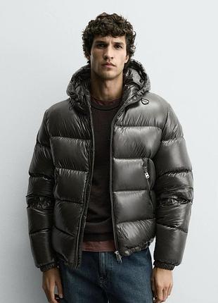 Водовідштовхувальний пуховик zara колір темний хакі куртка 80% пух 20% перо