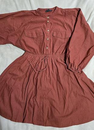 Базовое платье-рубашка из смеси хлопка и льна от бренда primark терракотового цвета