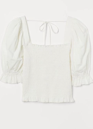 Нарядна біла блузка топ h&m з пишними рукавами ліхтариками квадратним вирізом декольте відкрита спина на зав'язках кроп-топ віскоза льон гофре блуза