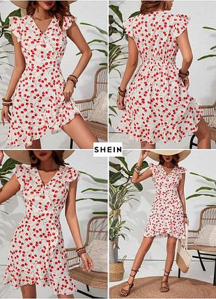 Короткое платье на запах с оборками с принтом вишень shein