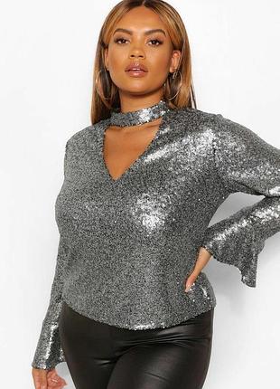 Новая женская праздничная блузка boohoo пайетки серебро большой размер xxl