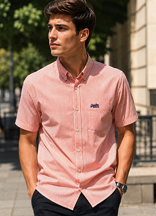 Хлопковая рубашка в оранжево - белую клетку superdry london button down made in india